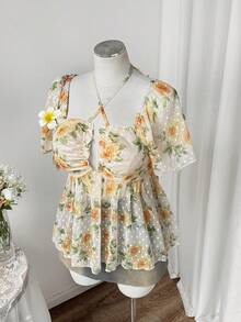 Sweetra New Vacation Elegant Sexy Beach Floral Print Textured Deep Shirred Ruffle Strap Puff Sleeve Blouse Top For Women, Cinched Waist Boho - Multicolor - View 5