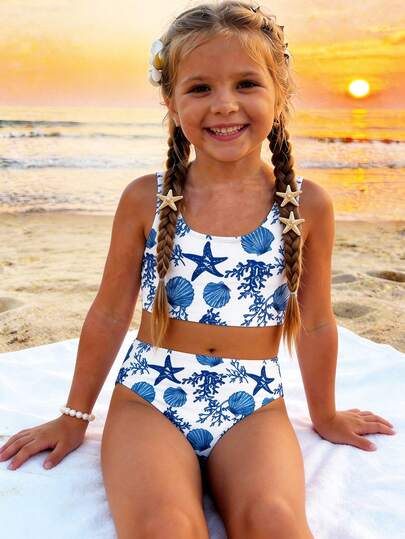 SHEIN 清新蓝色贝壳与海洋生物，海星珊瑚印花图案少女休闲简约吊带泳衣套装，适合夏季穿着