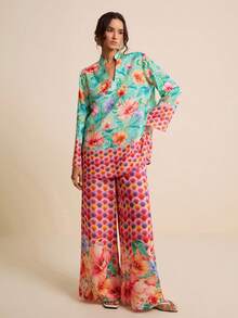 LOTSLUV Women's Fuchsia Ombre Tropical Floral Print Pants, Vacation Style, Spring/Summer - Hot Pink - View 6