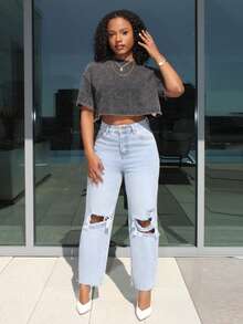 Steph T Y2k破洞原始邊緣修剪直腳牛仔褲 - 淺色水洗藍 - 查看 1