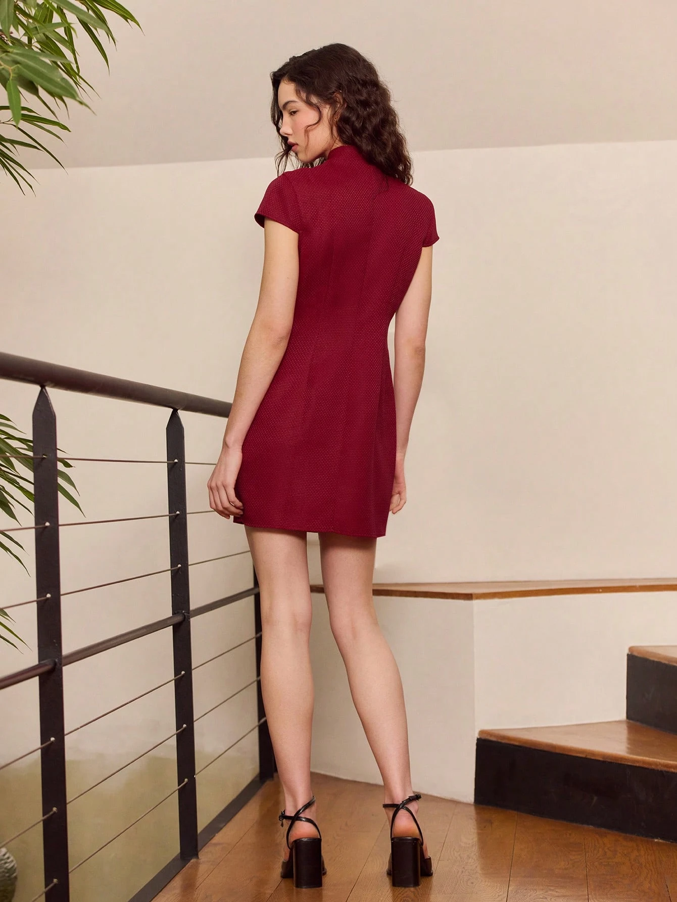 Elegant Festive Red Tweed Mandarin Collar Mini Dress Ideal For Christmas