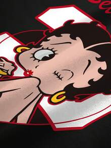 Betty Boop x SHEIN 大码女式圆领卡通字母印花休闲百搭日常短袖T恤 - 白色 - 查看 6