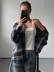 DAZY Áo sơ mi dài tay kẻ caro nữ kiểu dáng thường ngày, phong cách mùa xuân Y2K - Màu xanh lam - Xem 6