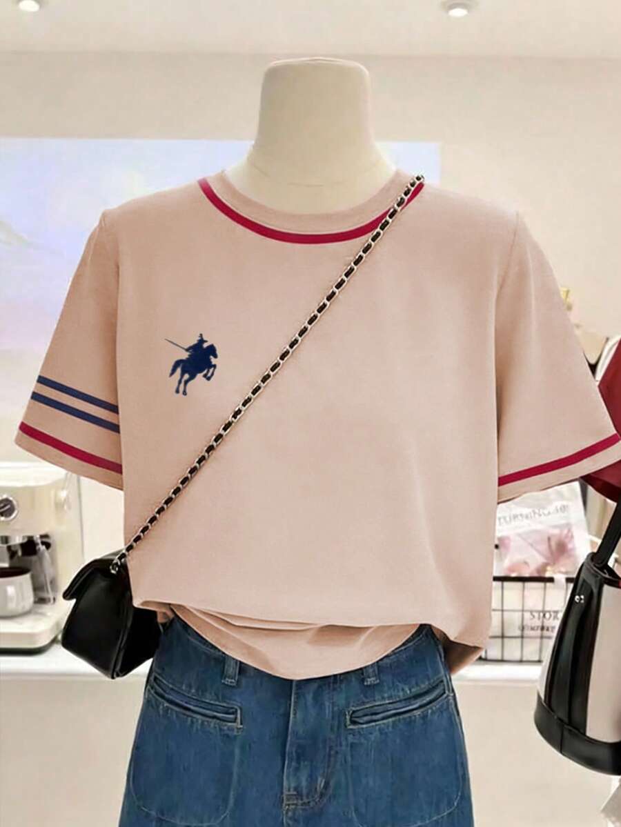 SHEIN Áo thun nữ cỡ lớn in họa tiết, thoải mái, thích hợp cho mùa xuân/hè. - Hồng - Xem 1