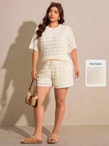 Elaquor 大码女装两件套 - 圆领短袖上衣和短裤，休闲日常穿着 - 杏色 - 查看 3