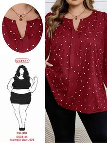 SHEIN CURVE+ Áo sơ mi dài tay cổ chữ V cỡ lớn, in họa tiết hoa toàn thân, kiểu dáng thường ngày. - Màu Đỏ Sâu - Xem 3