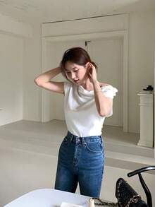 DAZY Solid Asymmetrical Neck Batwing Sleeve Tee,Crop Tops Women - White - View 6