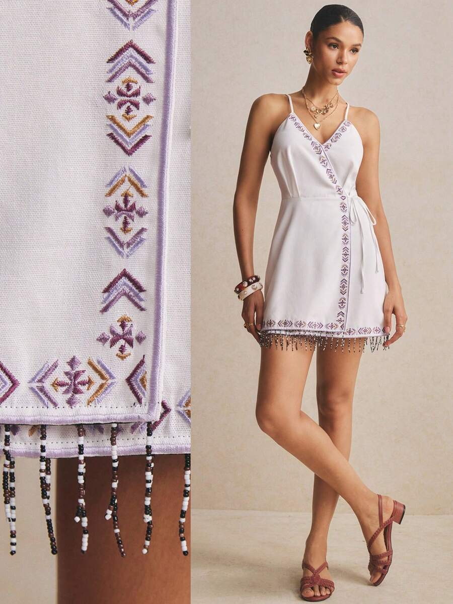 Poéselle 女士度假休闲刺绣串珠流苏下摆系带吊带迷你连衣裙 - 白色 - 查看 1