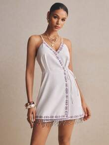 Poéselle 女士度假休闲刺绣串珠流苏下摆系带吊带迷你连衣裙 - 白色 - 查看 3