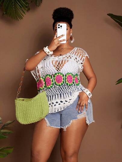 Maweii Women's Casual Minimalist Daily Versatile Retro Romantic Niche Design Beachwear Hollow Crochet Floral Plus Size Pullover Sweater, Spring/Summer