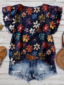 EMERY ROSE Plus Size Casual Floral Print Short Cap Sleeve Shirt - Navy Blue - View 2