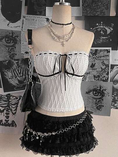 Attitoon Women's Y2K Contrast Lace Front Tie Camisole Top