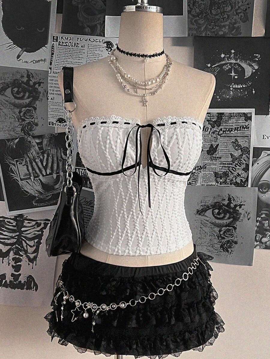 Attitoon Women's Y2K Contrast Lace Front Tie Camisole Top - White - View 1