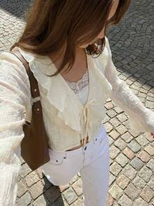 Solavon Women's Minimalist Elegant Textured Ruffle Front Tie Blouse Tea Party Cream White Autumn - Apricot - View 3