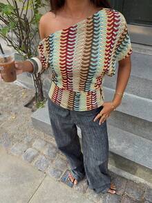 Siren Gaze 女士不对称领蝙蝠袖收腰印花衬衫，时尚夏季度假风 - 彩色 - 查看 2