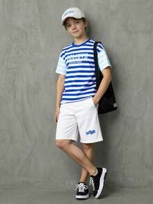 SHEIN Casuvi Kids Tween Boys' Casual Raglan Sleeve Striped T-Shirt & Graphic Print Shorts Set, Loose Fit, American Style, Suitable For Summer Outings Boys Summer Outfit Short Sets For Boy 10 Years Old - Multicolor - View 1