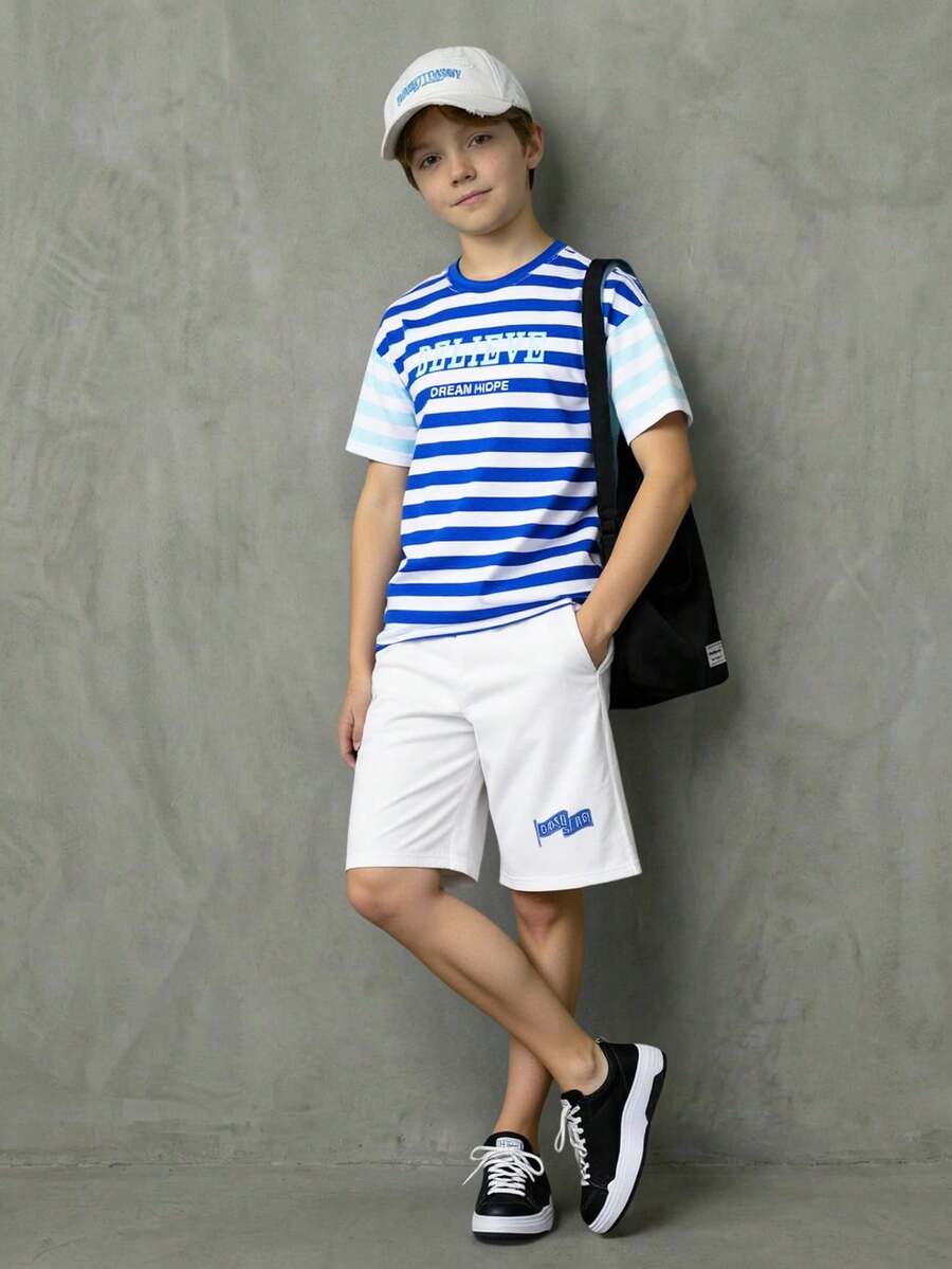 SHEIN Casuvi Kids Tween Boys' Casual Raglan Sleeve Striped T-Shirt & Graphic Print Shorts Set, Loose Fit, American Style, Suitable For Summer Outings Boys Summer Outfit Short Sets For Boy 10 Years Old - Multicolor - View 1