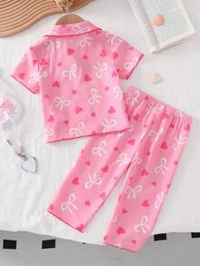 Conjunto de pijama para bebé niña con cardigan de cuello con lazo en forma de corazón, de manga corta y pantalones - Rosa - Ver 2