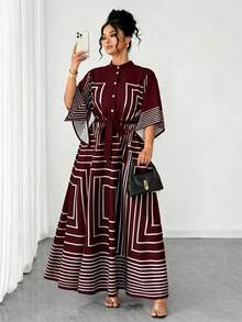 Elenzga Đầm dài tay cổ đứng dáng chữ A, họa tiết kẻ sọc đen trắng, tay lửng, kiểu dáng thanh lịch, thích hợp cho mùa xuân/hè, màu đen, dành cho người có vóc dáng đầy đặn. - Màu Đỏ Sâu - Xem 3