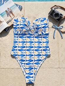 Swim Mod Women's Summer Vacation Fish Print Front Tie Bandeau One-Piece Swimsuit - Multicolor - View 3