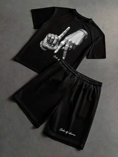 StoneGrade Los Angeles LA Letter Gesture Logo Print Fashion Streetwear Men's Black T-Shirt Set