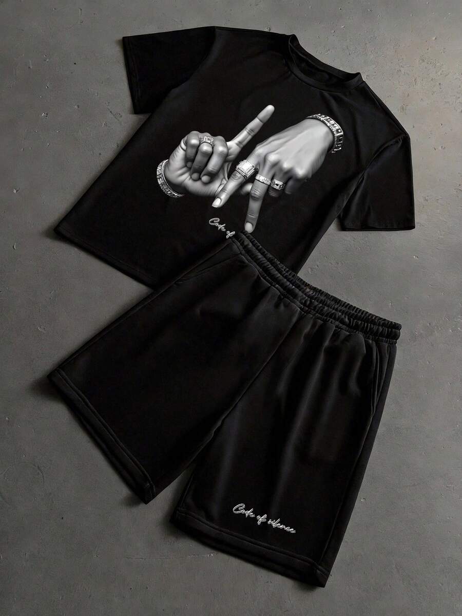 StoneGrade 洛杉矶 LA 字母手势徽标印花时尚街头服饰男士黑色 T 恤套装 - 黑色 - 查看 1