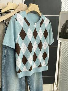 Franclia New Arrival Spring/Summer Retro College Style Colorblock Plaid Knit Pullover Sweater For Women - Baby Blue - View 4