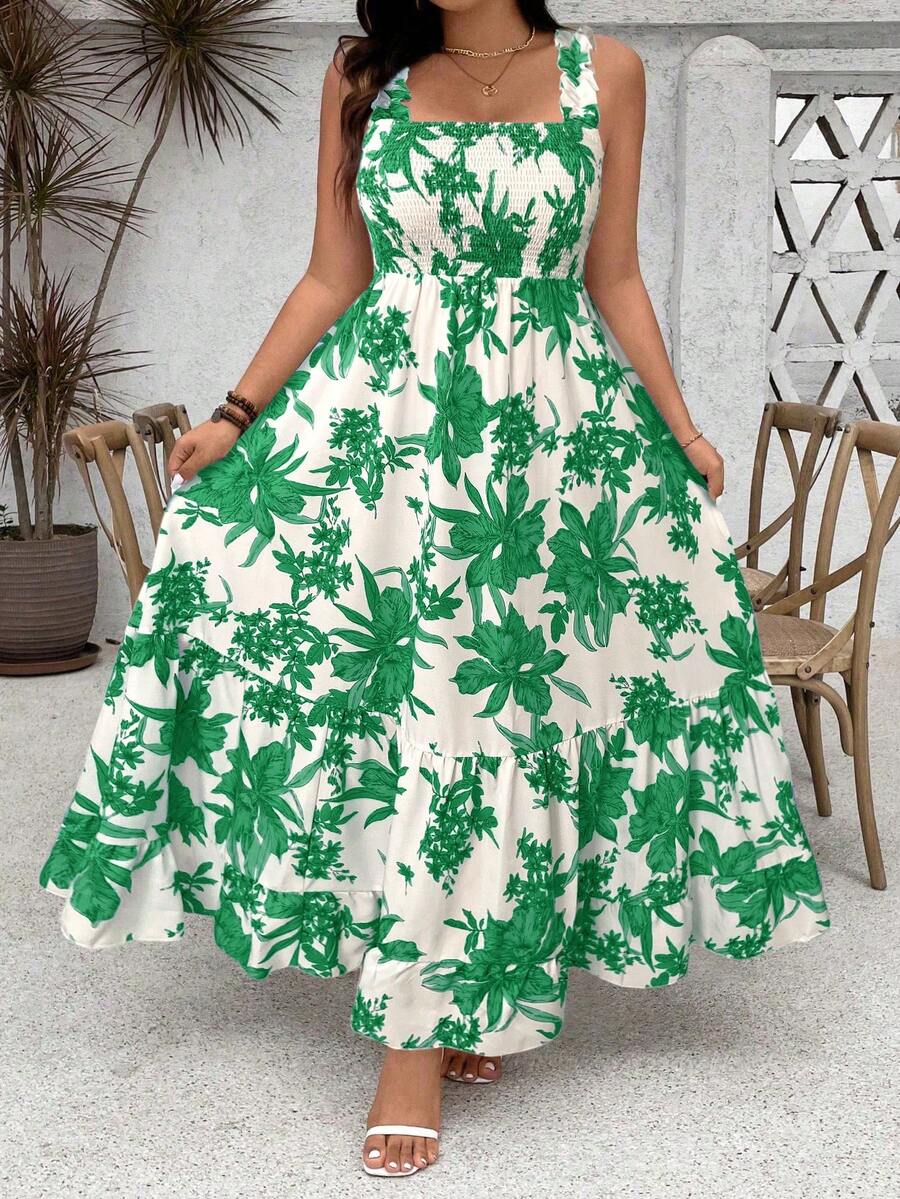 Ceyna Đầm maxi dáng chữ A in hoa, bèo nhún, dây mảnh, có thể điều chỉnh vòng ngực, dành cho nữ cỡ lớn, trang phục nữ, đầm nữ, đầm hè nữ, đầm thường ngày nữ, đầm chống nắng nữ, đầm bán chạy nhất, đầm nhiệt đới cho nữ, đầm cổ điển cho nữ. - màu xanh lá - Xem 1
