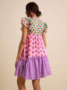 LOTSLUV Gaun Pendek Wanita Model A-Line Leher V dengan Motif Patchwork Bunga Merah Muda dan Kontras, Cocok untuk Musim Panas, Gaya Boho, Pesta Taman, Liburan, dan Liburan Elegan. - MultiWarna - View 2