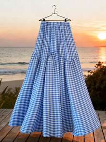 GlowEve Elegant Casual Daily Blue & White Plaid Loose A-Line Skirt For Women - Blue - View 1