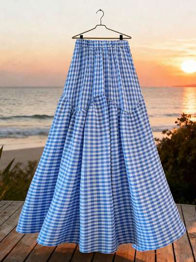 GlowEve Elegant Casual Daily Blue & White Plaid Loose A-Line Skirt For Women