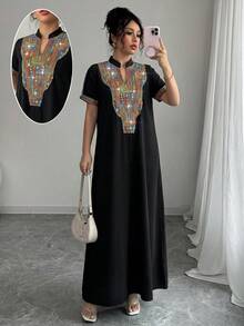 Rafferiza Contrast Color Embroidered Mandarin Collar Rhinestone Embellished Loose Long Dress For Women - Black - View 3