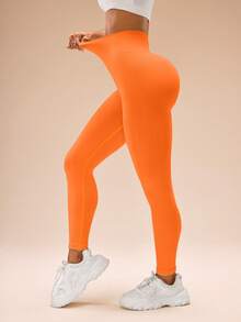 SHEIN Sports 女士纯色高腰休闲健身紧身裤 - 橘色 - 查看 3