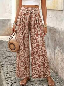 Brillora 女士全印花褶裥休闲百搭阔腿裤，适合日常穿着 - 棕色 - 查看 1