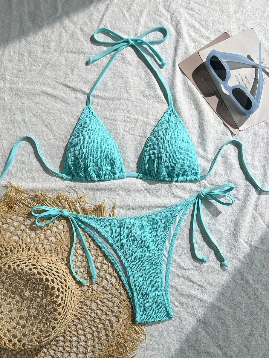 SHEIN Swim 女士夏季沙滩纯色挂脖系带休闲比基尼和三角泳裤套装 - 藍色 - 查看 1