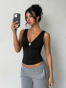 Aloruh 性感露背吊带紧身金属装饰背心，时尚女性浪漫约会装扮，紫色 - 黑色 - 查看 2