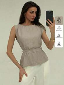 Aloruh Áo sơ mi nữ mùa hè thoải mái bằng vải lanh, áo sơ mi công sở cổ thuyền tay lệch màu trơn thắt eo, áo sơ mi dáng ôm cho mặc hàng ngày, áo sơ mi nữ thanh lịch, đồng phục giáo viên, áo sơ mi đi học, áo sơ mi công sở đơn giản - Màu be - Xem 7