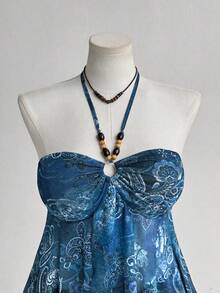 Sunspun 大码女式春夏度假休闲复古网纱印花露背吊带Y2K胸褶装饰珠吊坠女式波西米亚海滩女式吊带背心 - 彩色 - 查看 5