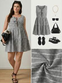 Zelara 大码女式夏季休闲度假格子印花打结前襟无袖收腰连衣裙 - 黑色 - 查看 1