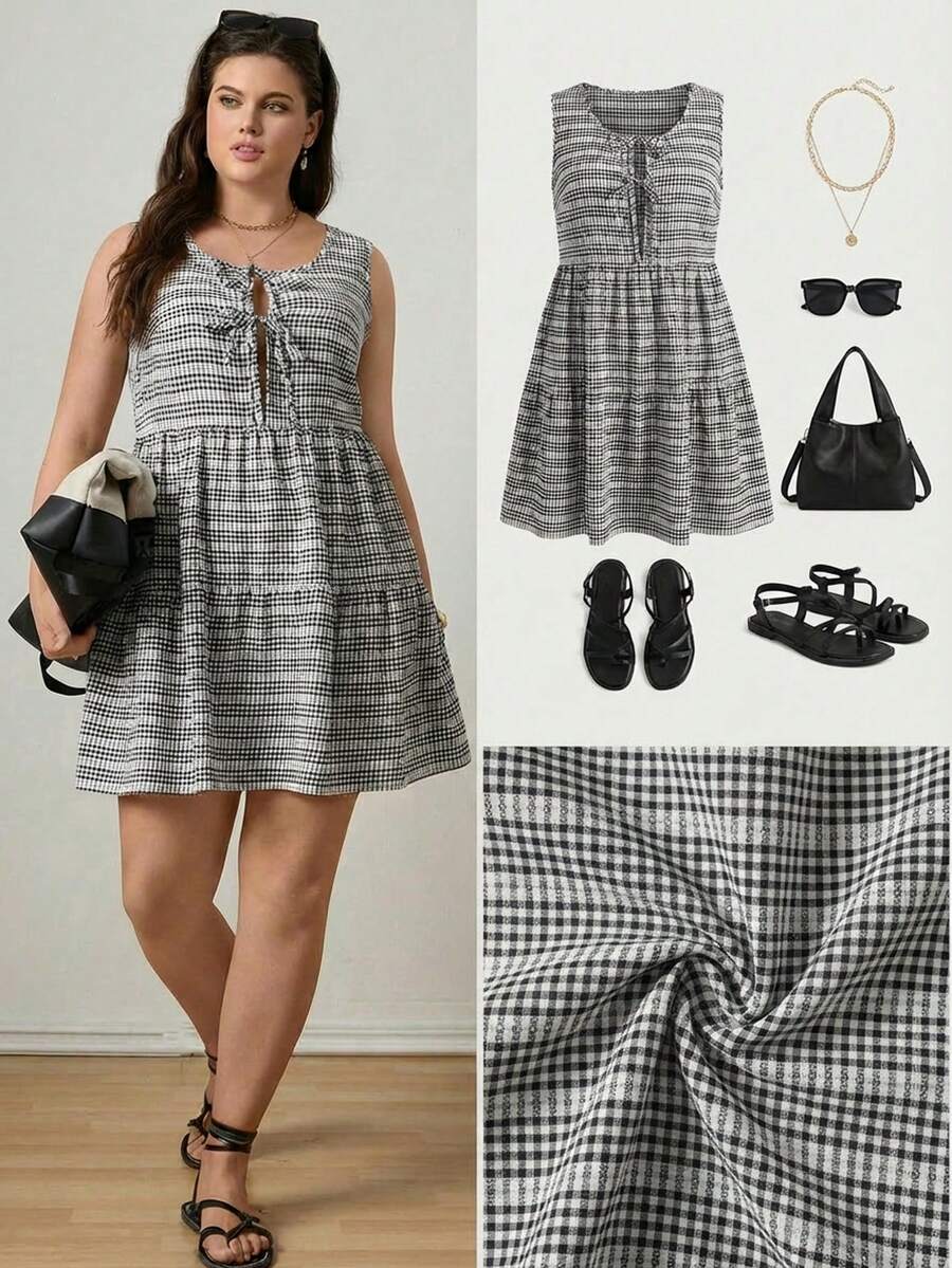 Zelara 大码女式夏季休闲度假格子印花打结前襟无袖收腰连衣裙 - 黑色 - 查看 1