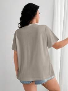 EURMUSE Plus 100%Cotton T-Shirt With Flower Embroidery, Round Collar, Pocket Details - Beige - View 2
