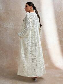 Brown Crochet Lace Knit Longline Beach Cover Up Kimono With Open Front And Flared Sleeves For Women" - White - View 7