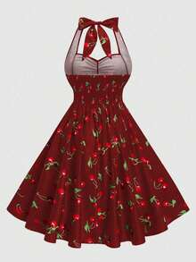 Sweetra Đầm chữ A xếp ly in họa tiết quả anh đào, kiểu cổ yếm, thắt eo, cỡ lớn - Màu Đỏ Sâu - Xem 2
