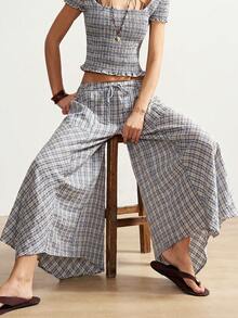 Bohemela Women's Woven Plaid Pants, Spring/Summer - Blue - View 3