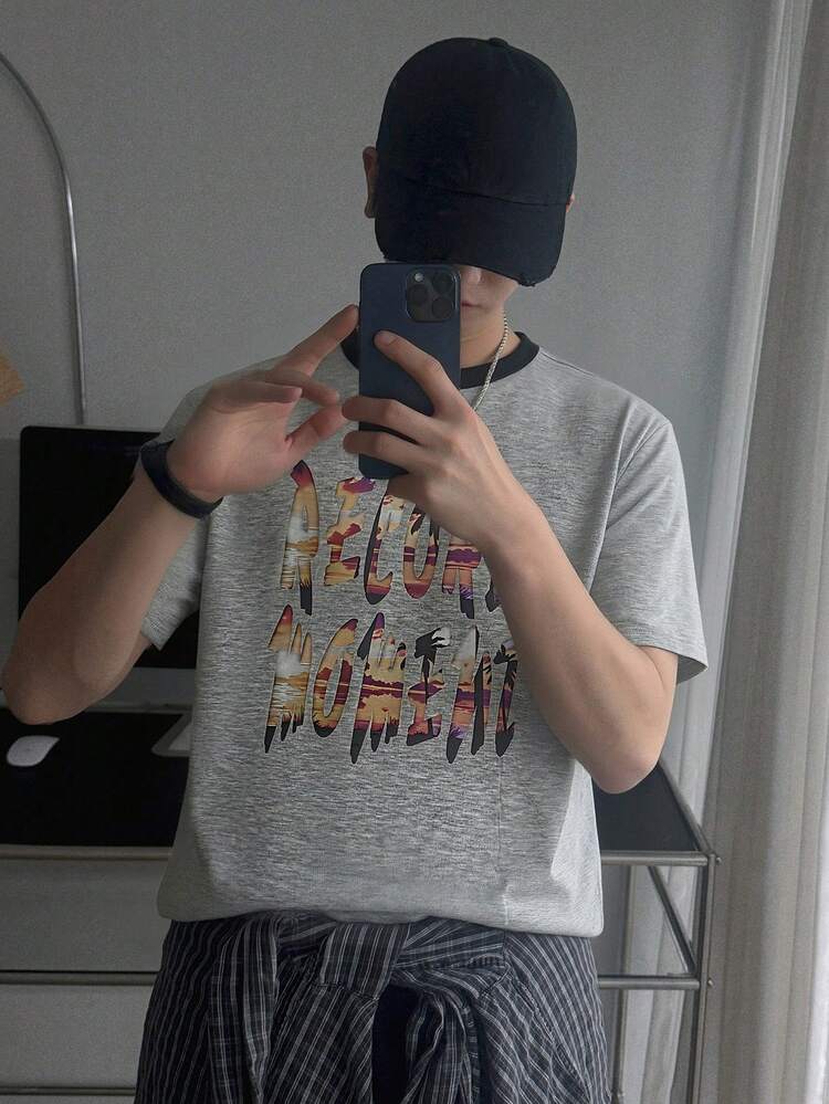 Men's Short Sleeve Graphic Print T-Shirt, Grey, Summer