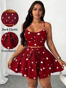 SHEIN Unity Set da due pezzi da donna taglie forti, elegante, con stampa a cuore, canotta con schiena scoperta e vita annodata, gonna a-line a farfalla midi, adatto per spiaggia, festa, festival musicale, primavera/estate, versatile - Multicolore - Visualizzare 1