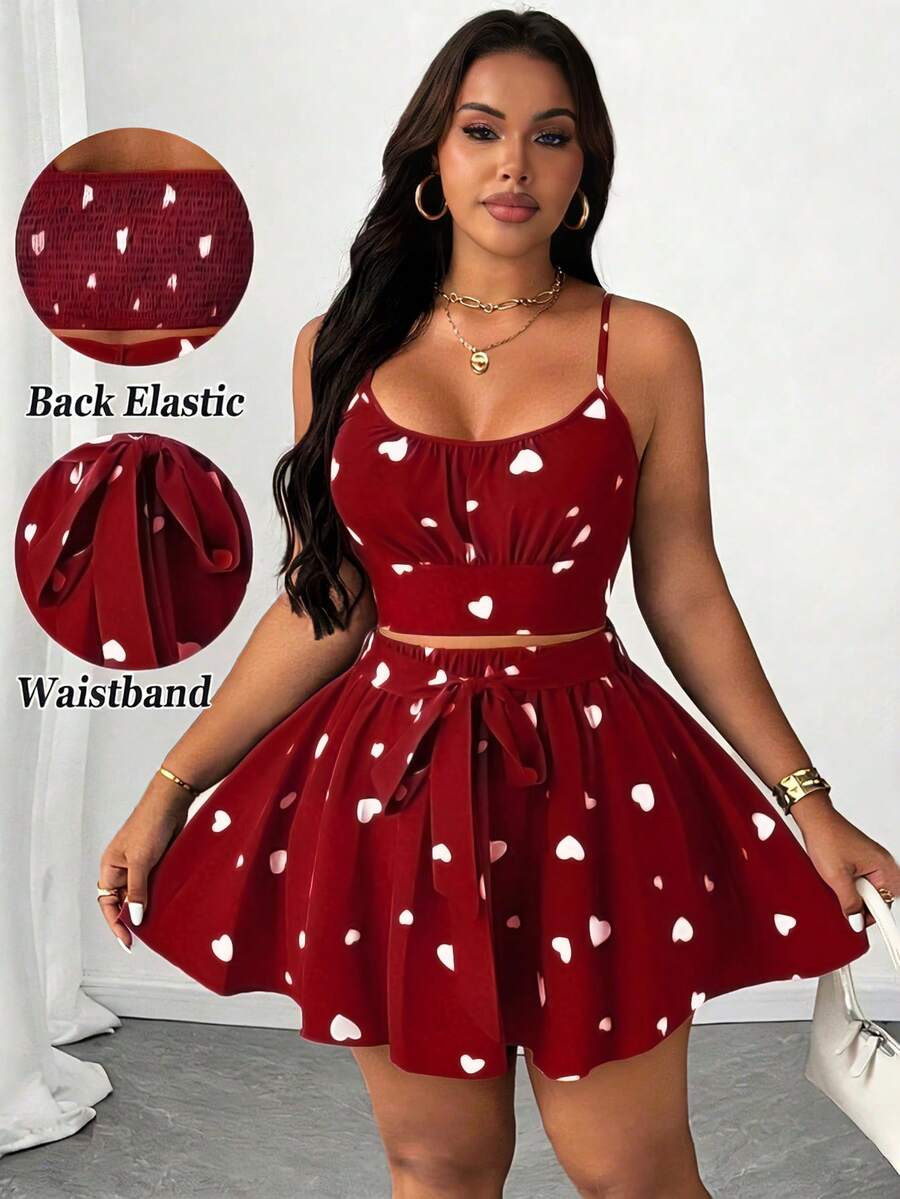SHEIN Unity Set da due pezzi da donna taglie forti, elegante, con stampa a cuore, canotta con schiena scoperta e vita annodata, gonna a-line a farfalla midi, adatto per spiaggia, festa, festival musicale, primavera/estate, versatile - Multicolore - Visualizzare 1