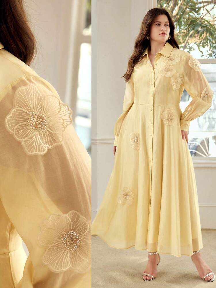 PLUS SIZE WOMEN'S LONG SLEEVE 3D FLORAL SHIRT DRESS, SPRING/SUMMER