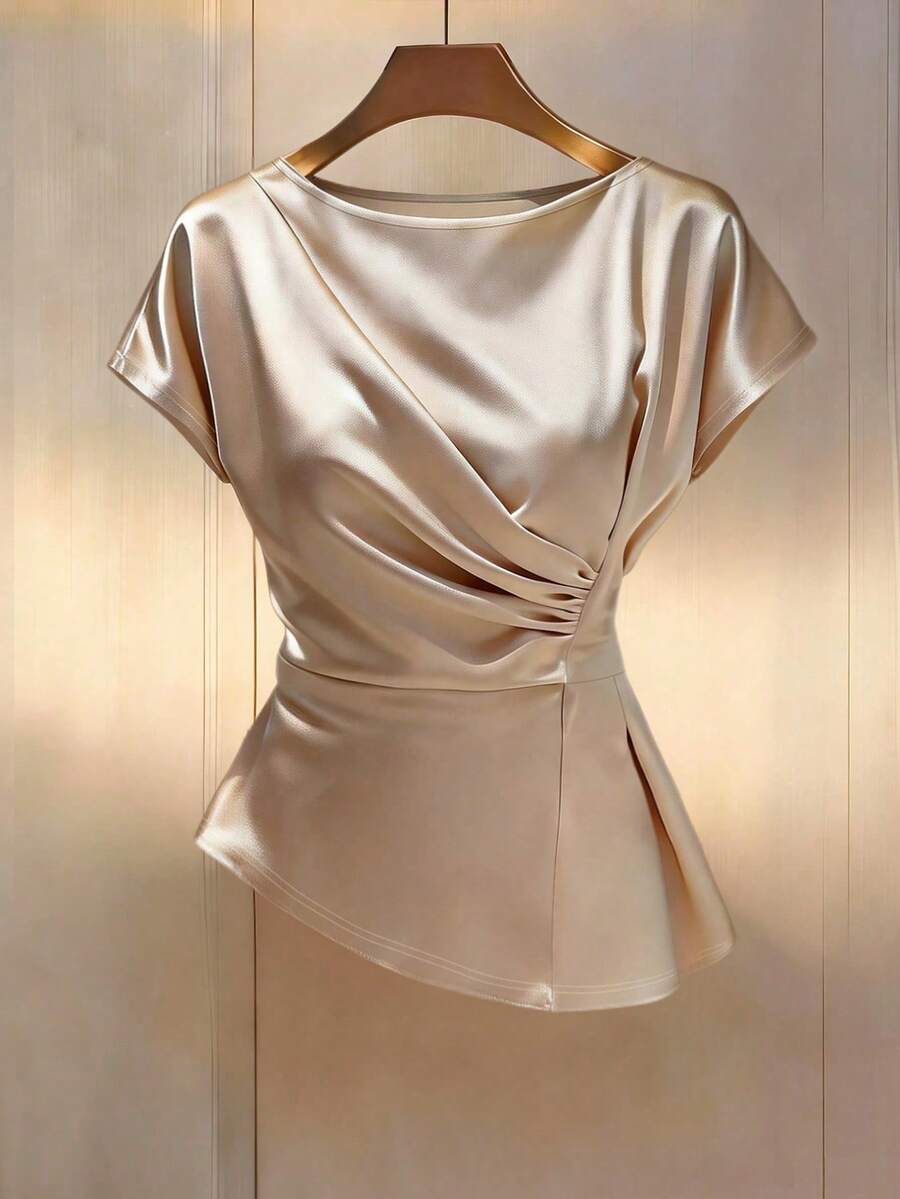 Franclia 女士优雅简约插肩袖衬衫，圆领短袖上衣，适合日常通勤 - 香檳色 - 查看 1