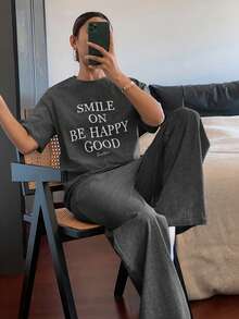 DAZY Letter Print Loose Short Sleeve Top And Pants 2 Pieces Set, Women Summer Casual Outfit - Dark Grey - View 1